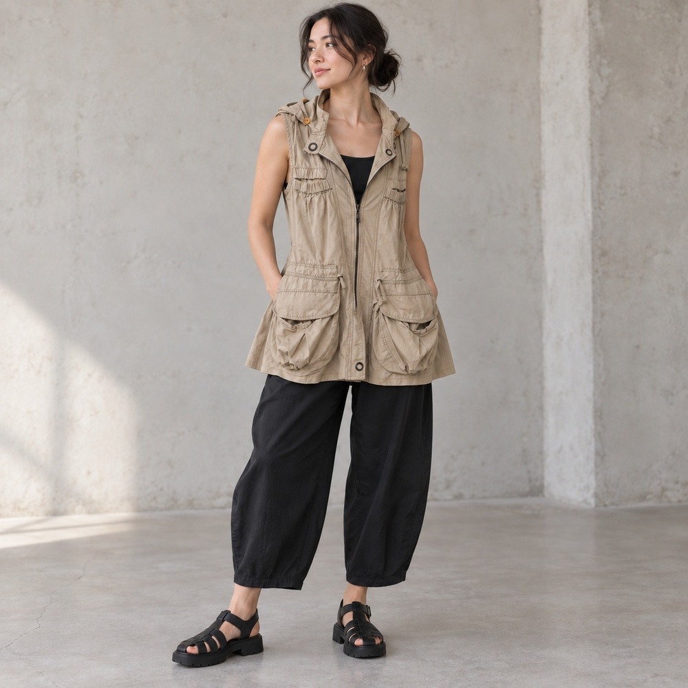 Unbranded Hooded Utility Cargo Vest Beige Lagenlook Gorpcore Small Medium